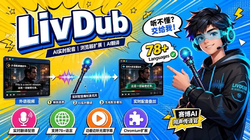 🎙 LivDub📦 AI配音工具 ｜ 浏览器扩展 ｜ AI翻译➤ 实时翻译并配音浏览器视频➤ 基于 Chromium 扩展运行➤ 使用 Gemini Live 实现实时语音翻译➤ 支持 78+ 种语言➤ 支持 YouTube、课程、采访、直播等场景➤ 边看视频边听目标语言配音➤ 支持 Android 浏览器扩展使用📌 简单说