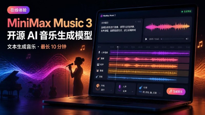 🎵 MiniMax Music 3 — 开源 AI 音乐生成模型📦 AI 音乐 ｜ Web ｜ AI 工具➤ 根据文本描述生成高质量音乐，最长可达 10 分钟➤ 支持文本与音乐之间的双向创作体验➤ 提供整体风格、人声、乐器三个参数设置项➤ 可自定义音乐风格与人声、乐器配置➤ 项目页面提供在线体验，方便快速生成音乐📌 简单说