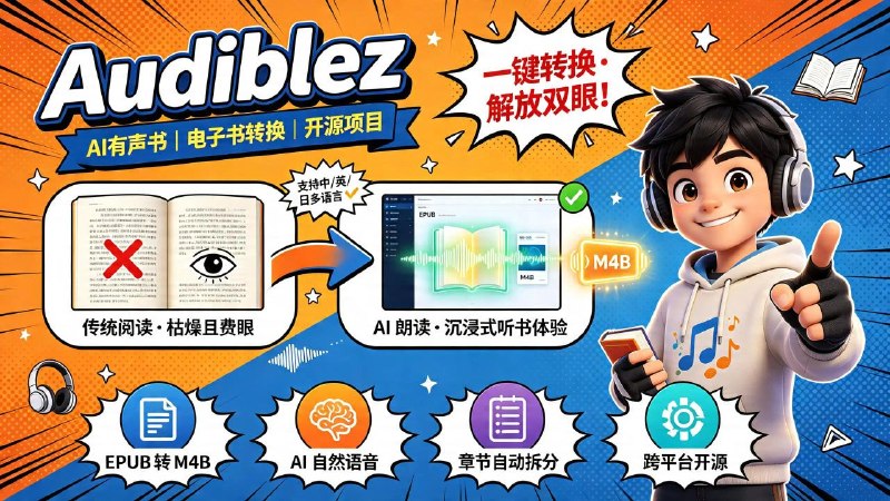🤖 Audiblez📦 AI 有声书 ｜ 电子书转换 ｜ 开源项目➤ 一键将电子书转换为有声书➤ 支持 EPUB 格式电子书➤ 自动生成 M4B 有声书文件➤ 使用 Kokoro-82M AI 语音合成模型➤ 支持多种语言和自然语音效果➤ 支持中文、英文、日文等语言➤ 支持多种 AI 配音声音选择➤ 支持章节自动拆分➤ 支持 CUDA GPU 加速➤ 提供命令行和图形界面版本➤ 支持 Windows、macOS、Linux➤ MIT 开源协议，免费使用📌 简单说